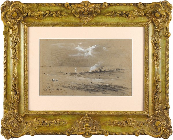 Саврасов Алексей Кондратьевич (1830—1897) «На Волге». 1880-е—1890-е. Бумага, графитный карандаш, соус, белила, 20 х 31 см.
