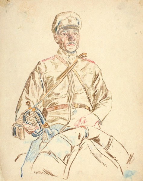 Френц Рудольф Рудольфович (1888—1956) «Трубач». 1916. Бумага, цветные карандаши, 25,2 х 19 см.