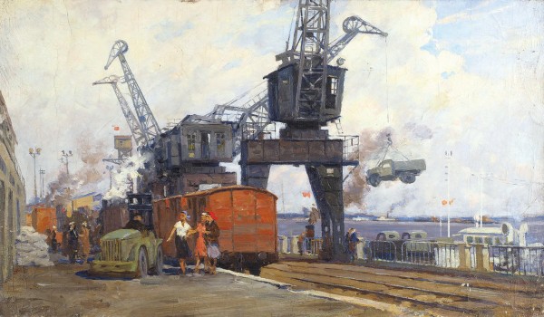 Котов Пётр Иванович (1889–1953) «Порт». 1934. Холст, масло, 37,4 х 63,4 см.