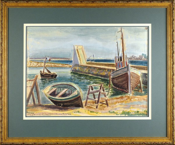 Исаев Николай Александрович (1891–1977) «Пейзаж с рыбацкими лодками». Начало 1950-х. Бумага, графитный карандаш, акварель, белила, 45,3 х 60,5 см.