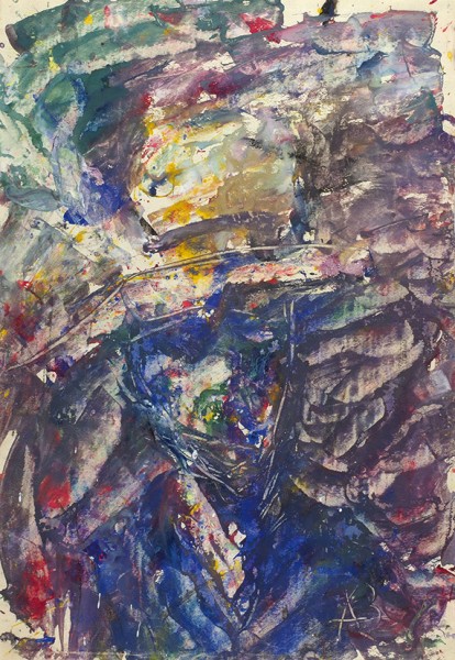 Зверев Анатолий Тимофеевич (1931 — 1986) «Синий автопортрет». 1954. Бумага, акварель, темпера, процарапывание, 59,6 х 41,2 см.