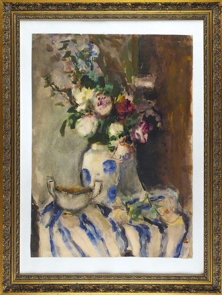 Забелина Александра Леонидовна (1909—1993) «Хризантемы и розы». 1950-е. Бумага, акварель, 60 х 43 см.