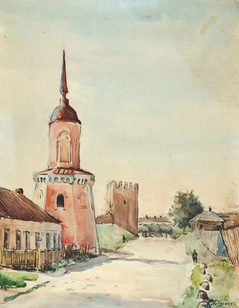 Лебедев Порфирий Маркович (1882-1970) «Пейзаж с башней». 1957. Бумага, графитный карандаш, акварель, 28,7 х 22,3 см.