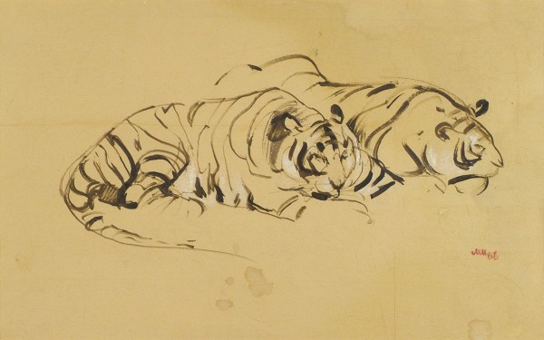 Мыслина Мария Владимировна (1901—1974) «Алтайские тигры». 1966. Бумага, акварель, белила, 24,9 х 40,3 см.