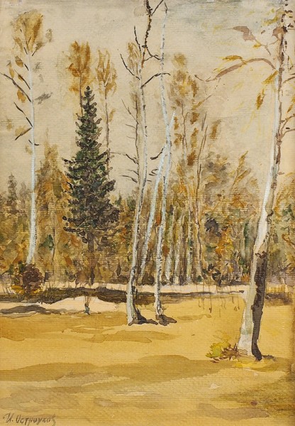 Остроухов Илья Семенович (1858—1929) «Облетевшие деревья на опушке леса». 1880-е — 1890-е. Бумага, акварель, 29 х 20,4 см.