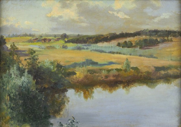 Ралль Е.К. «Русский пейзаж с прудом». 1896. Холст на картоне, масло, 21 х 29,4 см.