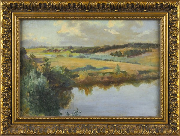 Ралль Е.К. «Русский пейзаж с прудом». 1896. Холст на картоне, масло, 21 х 29,4 см.
