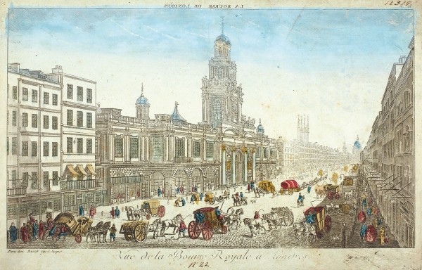 Неизвестный художник «Королевская биржа в Лондоне». Середина XVIII века. Бумага, резец, акварель, 25,5 х 40 см.