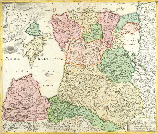 Карта герцогств Ливонии и Курляндии с прилегающими островами. [Dicatuum Livoniae et Curlandiae cum vicinis infulis nova exibitio (…)] Нюрнберг: И.Б. Хоманн, нач. XVIII в.