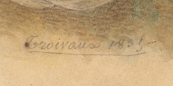 Труаво Жан-Батист (Jean-Baptiste Désiré Ttoivaux) (1788—1860) «Портрет девушки». 1831. Бумага на бумаге, графитный карандаш, акварель, белила, 18,2 х 14,4 см.