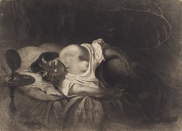 Шевченко, Т.Г. Спящая женщина с открытой грудью и папироской в руке. Офорт. 1859.