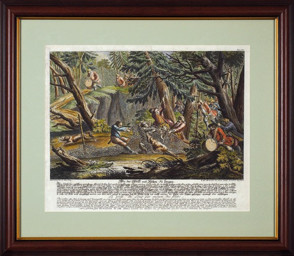 Ридингер Иоганн Элиас (Johann Elias Ridinger) (1698—1767) «Охота на волков». Вторая четверть XVIII века (поздняя акварельная раскраска). Бумага, резец, акварель, 34 х 42 см (в свету).