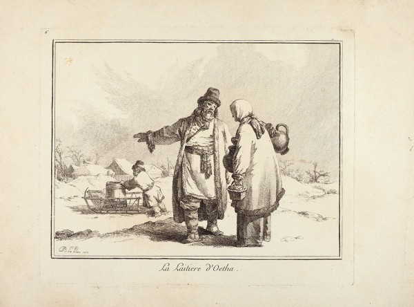 Лепренс (Le Prince) Жан-Батист (1734—1781) «Охтенская молочница». Лист из альбома «De Divers Cris de Marchands de Russie». Париж. 1765. Бумага, резец, 25,1 х 34 см (лист), 20,5 х 25 см (оттиск).