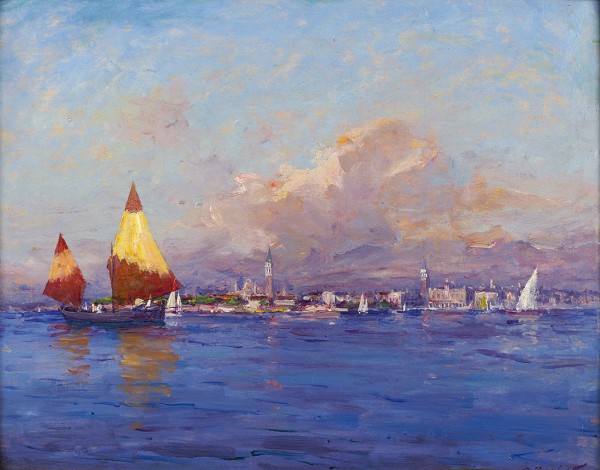 Исайлов Александр (1869 - после 1921) «Вид Венеции со стороны лагуны». 1900-е-1910-е. Доска, масло, 32,5 х 41 см.