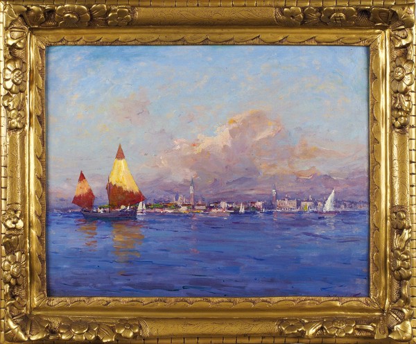 Исайлов Александр (1869 - после 1921) «Вид Венеции со стороны лагуны». 1900-е-1910-е. Доска, масло, 32,5 х 41 см.