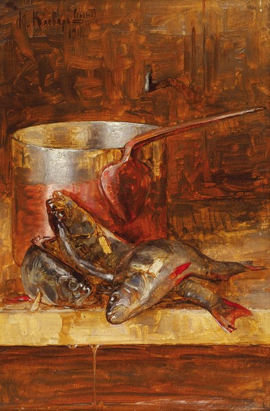 Клевер Юлий Юльевич младший (1882—1942) «Натюрморт с окунями». 1911. Холст, масло, 40 х 26,5 см.