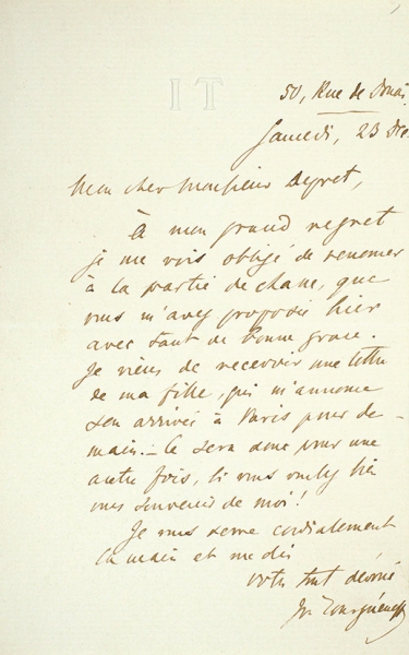 Собственноручное письмо И.С. Тургенева к Луи Депре от 23 декабря 1876 г. На французском языке. С экспертизой РГАЛИ. 1876.