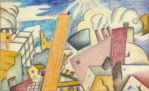 Резников Михаил (Миша) (1905-1971) «Урбанистический пейзаж». Начало 1920-х. Бумага, цветные карандаши, 14,3 х 23,6 см.