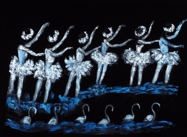 Медведева Катя (род. 1937) «Лебединое озеро». 2008. Ткань (бархат), смешанная техника, 80 х 110 см.