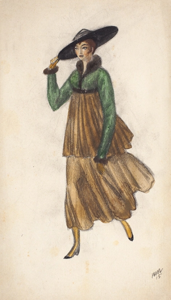 Тырса Николай Александрович (1887–1942) «Дама в широкополой шляпке». 1915. Бумага, графитный карандаш, акварель, 17,3 х 10 см.