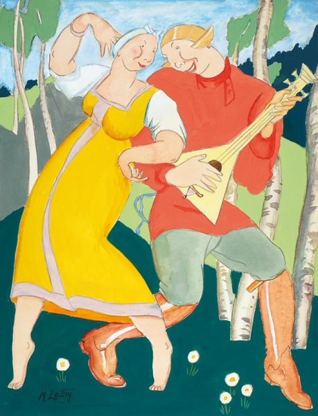 Латри Михаил Пелопидович (1875–1942) «Танец с балалайкой». 1930-е. Бумага, графитный карандаш, гуашь, 32x24,5 см.