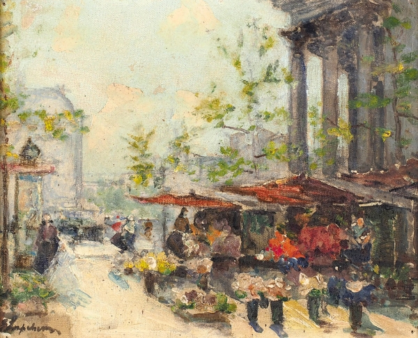 Лапшин Георгий Александрович (1885–1950) «Цветочный рынок». 1930-е—1940-е. Холст, масло, 22x26,5 см.