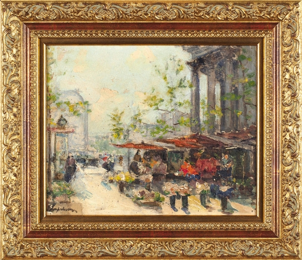 Лапшин Георгий Александрович (1885–1950) «Цветочный рынок». 1930-е—1940-е. Холст, масло, 22x26,5 см.