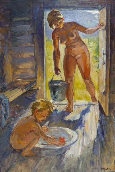 Багров Генрих Константинович (1929–2006) «В бане». 1960-е — 1970-е. Бумага на оргалите, масло, 119,1 х 80,2 см.