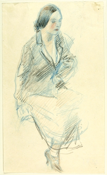 Рудаков Константин Иванович (1891–1949) Набросок портрета сидящей девушки. 1930-е. Бумага, цветные карандаши, 17,2x10,3 см.