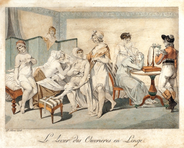 [Эротика от обслуживающего персонала] Бозио, Ж.Ф. Раннее утро служанок [ Le lever des Ouvrieres en Linge. На фр. яз.]. Гравюра. 1803.