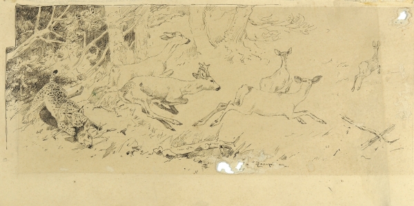 Комаров Алексей Никанорович (1879–1977) «Охота». Эскиз иллюстрации. 1902. Бумага, тушь, перо, 10,5 х 20,9 см.
