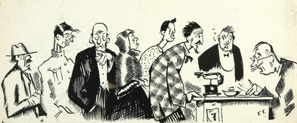 Гольц Георгий Павлович (1893–1946) «Очередь». Эскиз иллюстрации. 1920-е. Бумага, графитный карандаш, тушь, кисть, перо, 8,1 х 19 см.