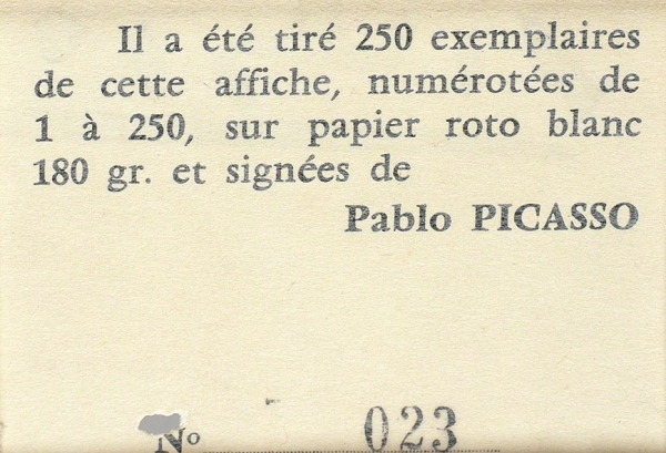 [№ 23 / 250] Афиша к выставке, выполненная по рисунку Пабло Пикассо, с подписью художника. «Exposition Peinture, Vallauris 1956». 1956.