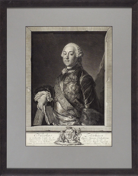 Шмидт (Schmidt) Георг Фридрих (1712-1775) с живописного оригинала Токе (Toqué) Луи (1696 — 1772) «Портрет Николая Эстерхази». 1759. Бумага, офорт, резец, пунктир, 43,5x31,5 см (лист).