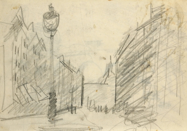 Фальк Роберт Рафаилович (1886–1958) «Уличный фонарь». Эскиз к картине «На бульваре. Париж». На обороте рисунок «Новый мост в Париже». 1930-е. Бумага, графитный карандаш, 18,6x19,8 см.