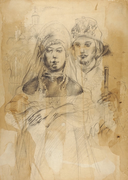 Рябушкин Андрей Петрович (1861—1904) «На праздник». 1893. Бумага, графитный карандаш, 43 х 30,3 см.