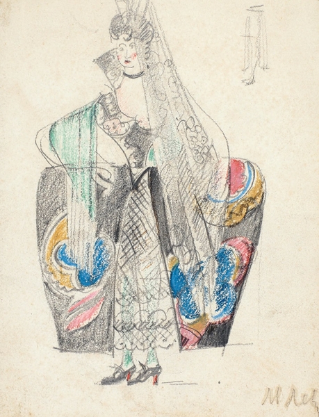 Левин Моисей Залманович (1895–1945) «Испанка». Эскиз театрального костюма. 1920-е. Бумага, графитный и цветные карандаши, 17,5x13,6 см.