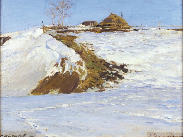 Вещилов Константин Александрович (1878–1945) «Зимний пейзаж». 1920-е — 1930-е. Холст на картоне, масло, 28x37 см.