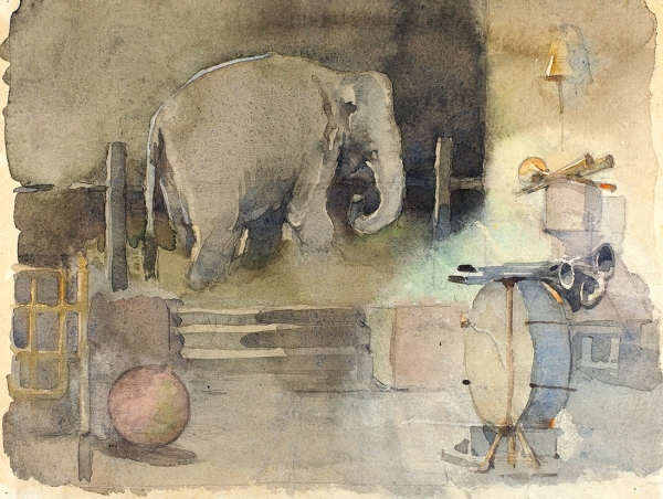 Мыслина Мария Владимировна (1901–1974) «Слон в Уголке Дурова». 1960-е. Бумага, акварель, 26 х 34 см.