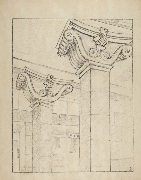 Четыре карандашных эскиза вестибюлей метрополитена работы С. Городецкого. 1935.