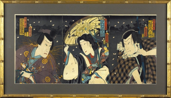 Тоёхара Кунитика (1835—1900) Триптих из серии «Актеры театра Кабуки». Конец XIX века. Бумага, цветная ксилография, 36 х 73,5 см (в свету) (составная основа из трех листов).