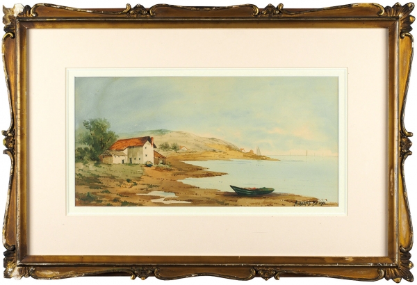 Бенуа Альберт Николаевич (1852–1936) «Утренний туман. Бретань». 1909. Бумага на картон, акварель, 20x40,5 см.