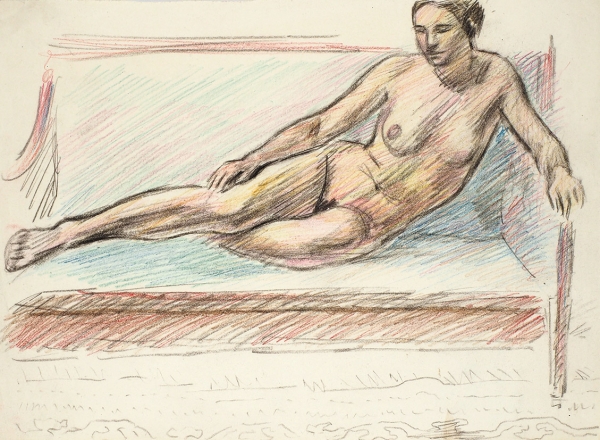 Тырса Николай Александрович (1887–1942) «Обнаженная на диване». 1930-е. Бумага, цветные карандаши, 19,5 х 26,5 см.