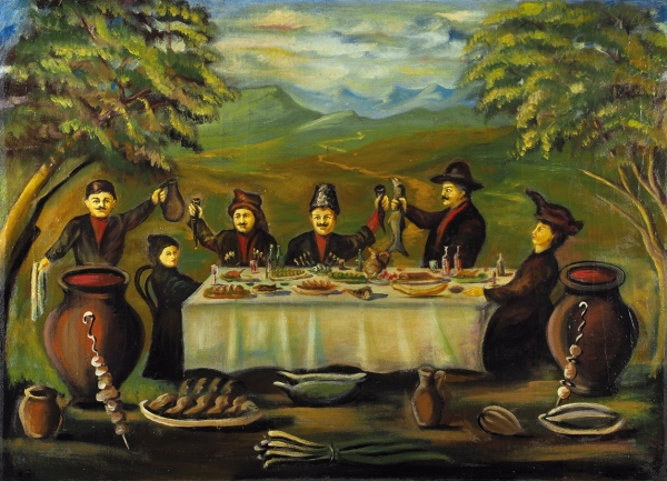 Неизвестный художник. Копия с картины Н. Пиросмани «Семейный пикник». 1930-е—1940-е. Холст, масло, 67 х 92,5 см.