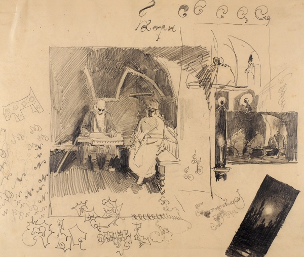 Рябушкин Андрей Петрович (1861–1904) «Гусляр». Конец XIX века. Бумага, графитный карандаш,31,4 х 37,2 см.