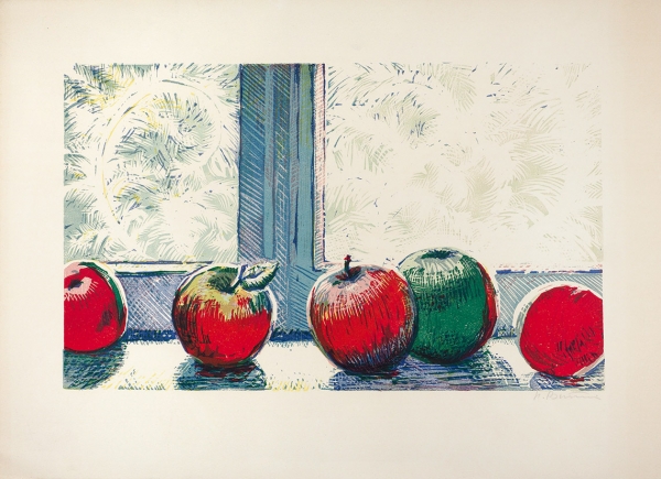 Витинг Николай Иосифович (1910–1991) «Яблоки на фоне зимнего окна». 1960-е. Бумага, цветная линогравюра, 36 х 50 см.