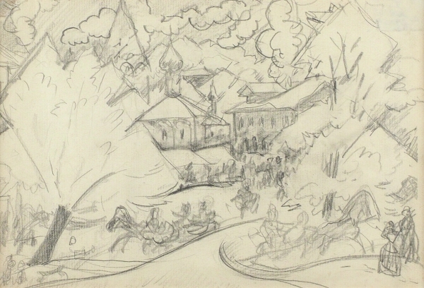 Кустодиев Борис Михайлович (1878–1927) «Масленица». Эскиз-вариант для одноименной картины. 1910-е. Бумага, графитный карандаш, 17,7x25,5 см.