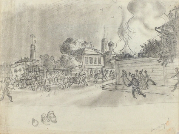 Кустодиев Борис Михайлович (1878–1927) «Пожар». 1910-е. Бумага, графитный карандаш, 20x26,3 см.