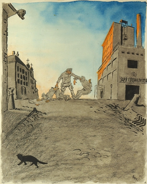 Гриффэль Л. «Ты нас не трожь!» Эскиз иллюстрации для журнала «Крокодил». 1926. Бумага, тушь, кисть, акварель, 38x28,8 см.