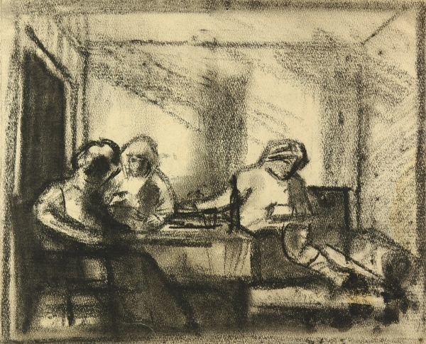 Жегин Лев Федорович (1892 — 1969) «Семья за столом». 1940. Бумага, уголь, 18x22 см.